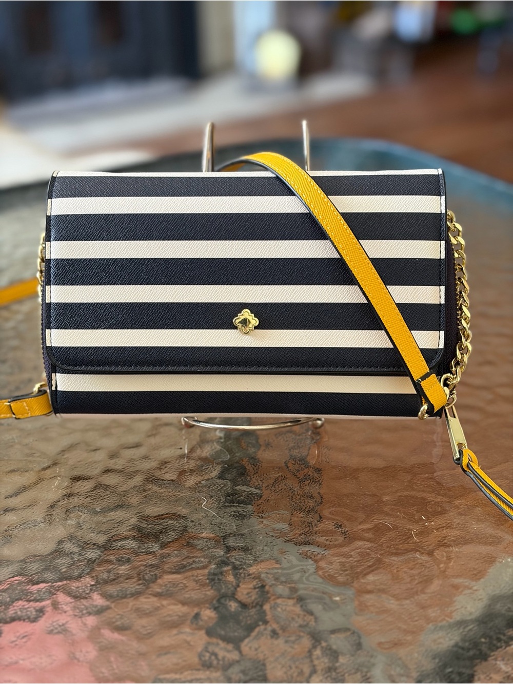 crown & ivy Navy and White Striped Crossbody with Yellow Strap